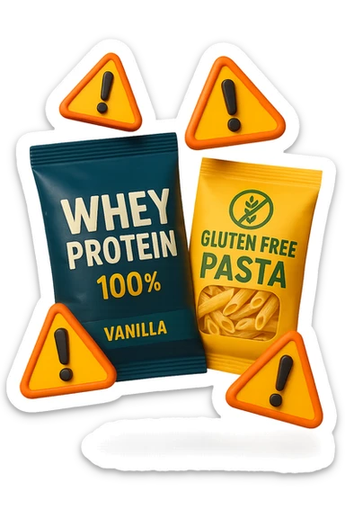 SU QUESTO STILE FAI UN EMOJI STILE IPHONE 3D DI UN pacco di whey protein e un pacco di pasta senza glutine che fluttuano in aria insieme a segnali di pericolo in 3d, FALLO MOLTO REALISTICO IN 3D sticker