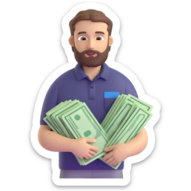 bearded brown-haired man in a polo shirt holding bundles of bills sticker