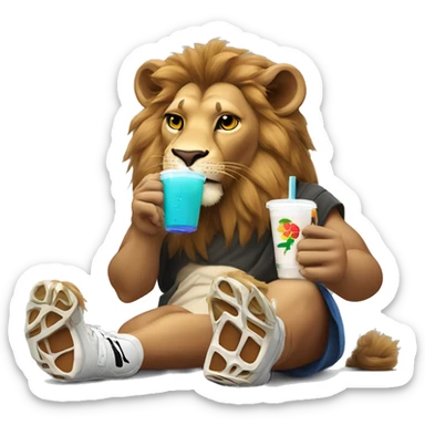 Lion drinking boba tea wearing a Nike tech and jordans  sticker