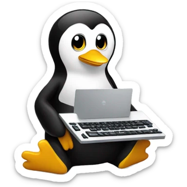 Linux tux sitting with keyboard sticker