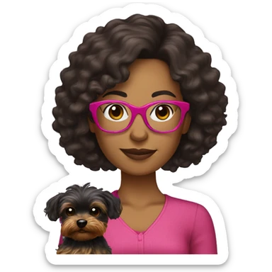 40 years old woman with dark brown long hair ,slidly curly wearing glasses with a dark pink frames  holding a yorkie dog sticker