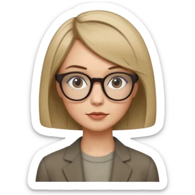 woman dark blonde petite bob haircut wears dark squarish glasses, classic clothes sticker