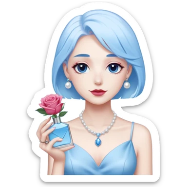white-blue. rose next to a pearl-colored envelope and a flacon of aesthetically pleasing perfume in powder blue  sticker