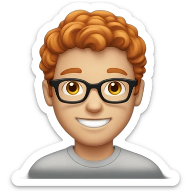 A redheaded boy with freckles smiling. He's wearing a black sweatshirt and Y2K glasses. sticker