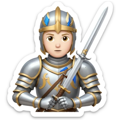 a knight in a fighting stance, wearing bright silver armor and holding a sword sticker