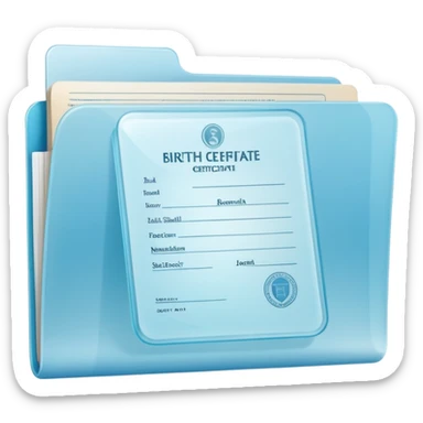 A simple emoji-style icon of a transparent plastic folder, clean and minimal, with rounded corners, subtle translucency, soft shading, and a small official documents symbol representing birth certificate, and SS. sticker