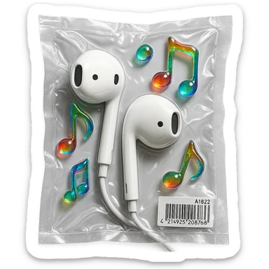 white EarPods headphones with three small rainbow glass music notes arranged around, glossy sticker