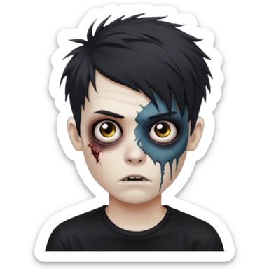 Zombie Boy with black emo messy hair and teenager aparience, black background sticker