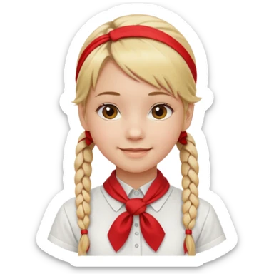 A Soviet pioneer girl emoji — smiling young girl with blonde hair tied into two short braids. She wears a white school shirt and a wide bright red pioneer neckerchief tied in a loose triangular knot at the chest (not a necktie). No suspenders, no jacket, no hat. Без красных повязок на голове sticker