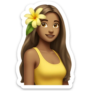 pretty girl with long brown hair in summer with a frangipani flower in her hair above her ear wearing a yellow tank top you can see sticker