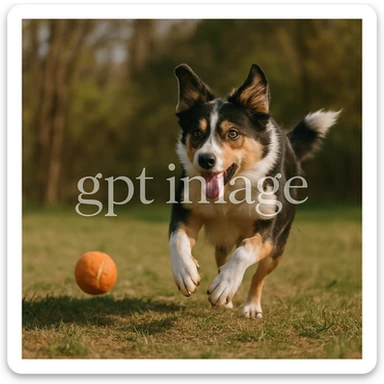  logo with text "gpt image" on the background of a dog chasing ball, realistic image sticker