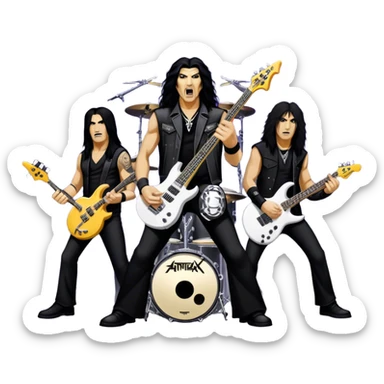 Icon for Heavy Metal: Anthrax live concert with Charlie Benante on drums, Joey Belladonna on vocals, Frank Bello on bass, Jonathan Donais and Scott Ian on guitars. The intense energy of the band is captured with instruments and stage lighting. Transparent background. sticker
