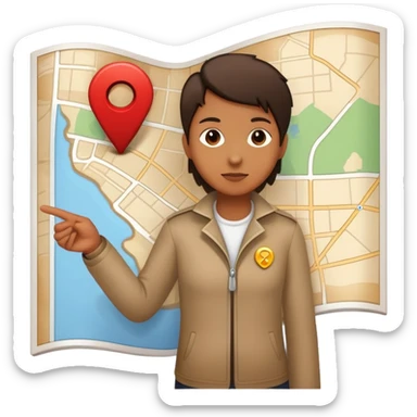 character standing next to location pin on a map sticker