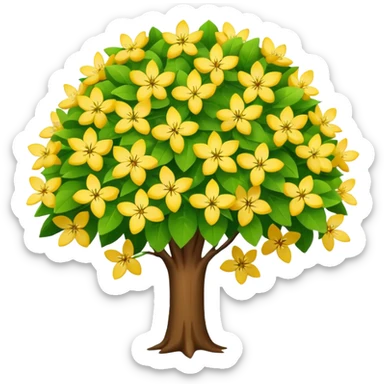 Vibranium shrub  in emoji format. I bunch of yellow whitish flowers with green leaves behind. Minimalistic. Make the shrub look more like cherry tree petals sticker