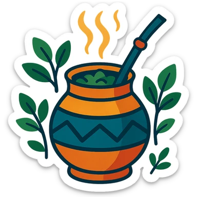 a steaming cup of yerba mate, leafy details, cozy and inviting sticker