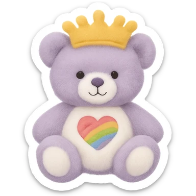 Add a soft and plush crown to the purple and white teddy bear with a heart-shaped rainbow patch. Keep the lighting flat with no shadows and no background. Maintain the plush texture and softness of the teddy bear in a style that respects the original look. sticker