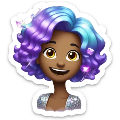 one girl with purple diamond hair made from purple crystals or diamonds or jewels, she is feeling happy and elated and excited, make her hair shiny with prisms and angles and edges sticker
