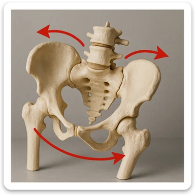 realistic human pelvis tilted, 4K resolution, detailed anatomical features, marked lateral tilt, red arrows and curved lines indicating tilt direction, oblique view, clinical atmosphere, neutral background sticker