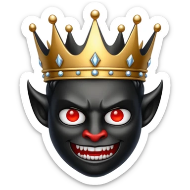 a black, shining crown with a devil face sticker