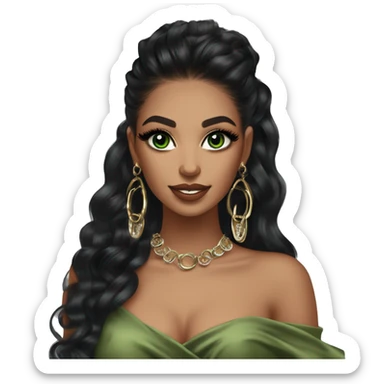 Glamorous, streetwear or cocktail dress, black balayage hair, half up half down hair, olive skin, green almond eyes, winged eyeliner with big lashes, wearing hooped earrings, rings and bracelets  sticker