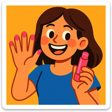 brunette girl happily showing off her pink nails and holding a pink lip balm, vibrant and cheerful style sticker