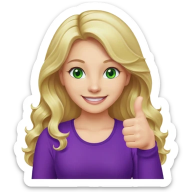 lady with long wavy blonde hair, purple top, green eyes, one thumb up sticker