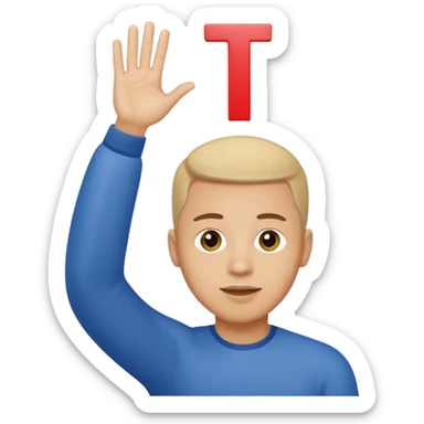 man raising hand with a small letter T above his head sticker