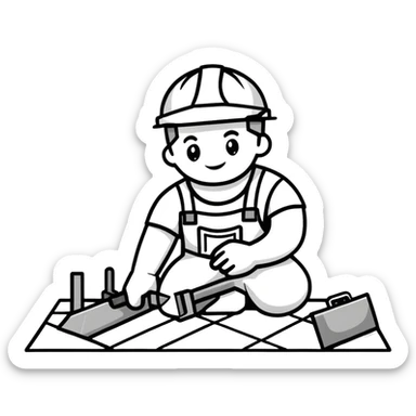 Moldovan builder laying floor tiles, construction worker with tools sticker