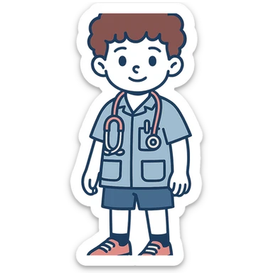 cute 2D boy doctor character, 8–10 years, soft features, curly brown hair, expressive brown eyes, light blue pediatrician shirt with front pockets (pen and tongue depressor), pink and silver stethoscope, blue shorts, red canvas sneakers, black socks, soft light, vibrant, warm, friendly, suitable for hospital simulation game sticker