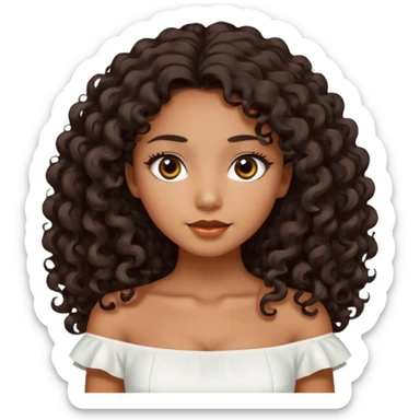 Dark tanned skin girl with very dark brown very big long curly hair, very dark Asian eyes, white dress at boatneck neckline   sticker