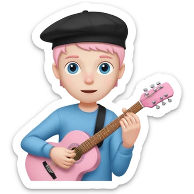 Pale man with light freckles and blue eyes wearing black cap playing a shell pink guitar sticker