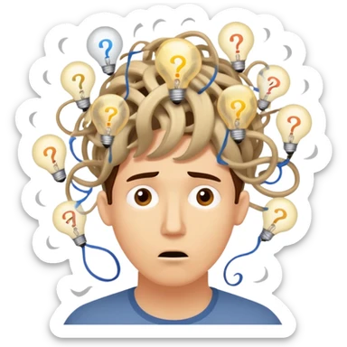 Person with a chaotic mind, swirling tornado of tangled thoughts around their head, containing question marks, light bulbs, and scribbles. The person has a bewildered, overwhelmed expression. sticker