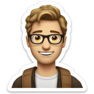 A nerdy white guy with brown hair and glasses making a grimacing awkward face  sticker