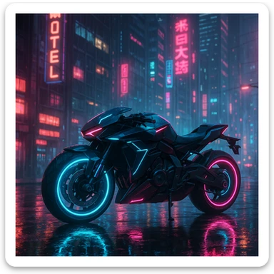 cyberpunk 2077 style motorcycle, glowing wheels, futuristic design, city background, neon accents sticker