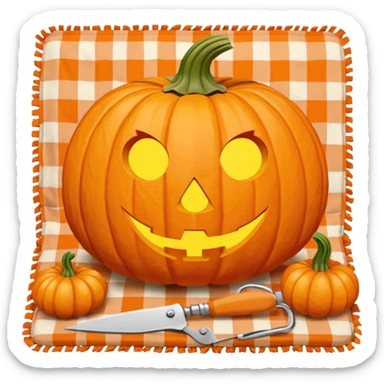 Pumpkin carving on a red gingham blanket  sticker