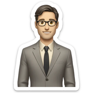 Full height Pale skinned Fit Man With dark brown hair in classic gray suit, beige office shirt, dark gray tie, and vintage glasses. Thrumbs of his palms directed up sticker