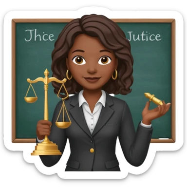 Black teacher/professor looking like the fictional character Annalise Keating from How To Get Away With Murder, holding a statue of justice and with a school black board in the background sticker