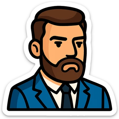 Create a simplified, vector-style Twitch emoji version of the person in the photo. Focus on the face and upper torso, dressed in a suit, with a serious and charismatic expression. Background should be transparent and the style should be clean and minimalistic, suitable for Twitch emoji use. sticker