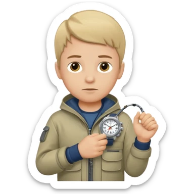 Boy in fishing suit looking at his wristwatch sticker