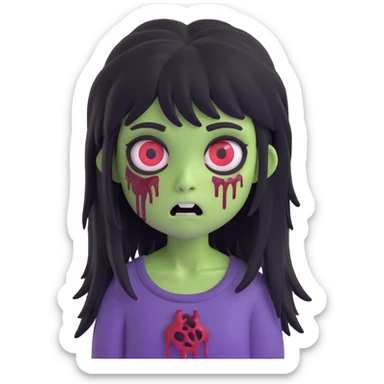 memoji style girl zombie with long black shaggy emo hair, dark and spooky, creepy expression sticker