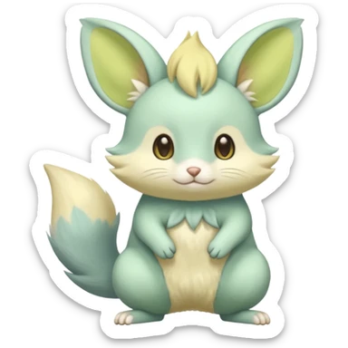 Pastel green pastel lime color golden yellow beige, soft natural realistic divine beautiful elegant pretty precious cute young youthful  Fakémon-Pokémon-opossum-feline-mouse-serval-caracal-chinchilla-Minccino-Cinccino-Meowstic-rodent-hybrid-creature with a big fluffy bushy tail (full body) sticker