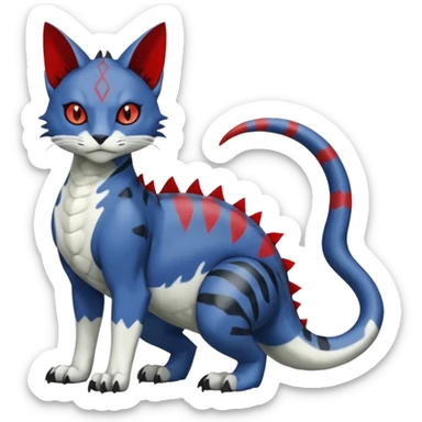 Dark-greyish-blue-grey-black, with red markings, white belly, scaley Bastet-Noibat-Gatomon-Digimon-Fakémon-Pokémon-creature (full body) sticker