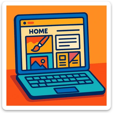 a laptop with a vibrant display showing a collage of creative work including art, writing, photos, and design elements, representing a personal website homepage, clean modern illustration style sticker
