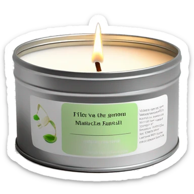 realistic, lit matcha scented candle, silver tin, small white label, text sticker