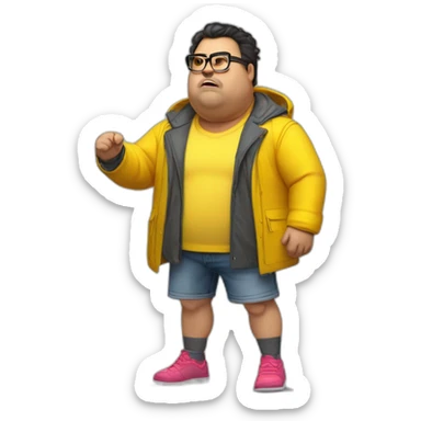 fat man with dark hair,a vibrant long yellow coat, pink glasses, short jeans shorts. Show full lenght peson, person fighting as superhero sticker