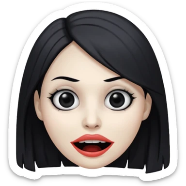 woman with gray skin and black hair and a creepy face with white eyes and hollow mouth sticker