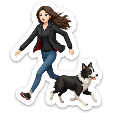 A beautiful tall girl with fair skin and long hair wearing a black jacket running with a Border Collie sticker