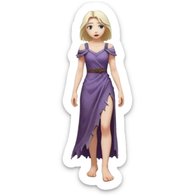 Female figure standing barefoot in ruined cathedral, dress slipping from shoulder sticker