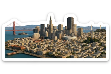 cinematic realistic emoji of San Francisco, wide cityscape with Golden Gate Bridge, Transamerica Pyramid, Chase Center, The Embarcadero, Ghirardelli Square, Alcatraz Island, Bay Bridge, Coit Tower, UC Berkeley belltower and Stanford Hoover Tower in the distance. Lifelike detail, accurate colors, bright daylight, no sky, no clouds, no text, transparent background sticker