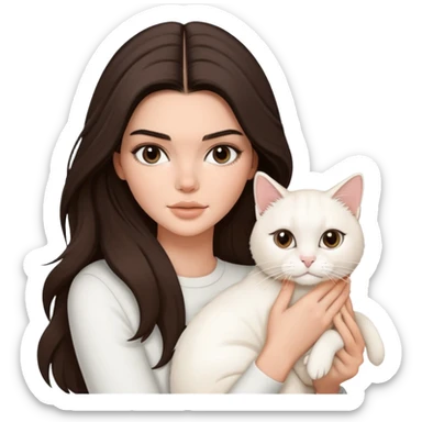 brunette Kendall Jenner with long hair holding on the hands a white cat sticker